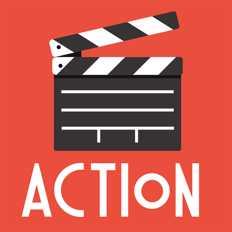 Red background with Clapperboard icon and word Action below