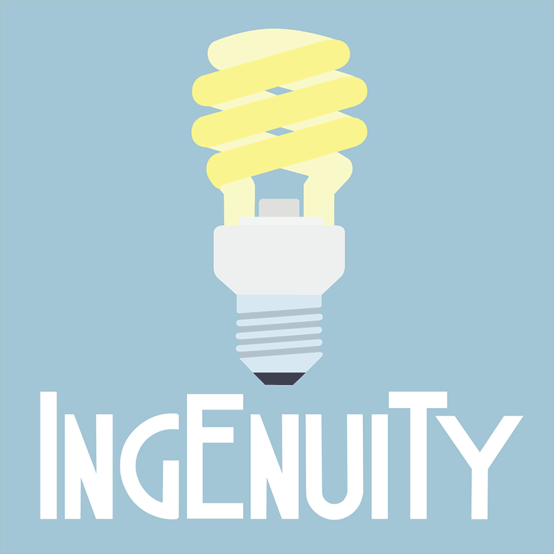 Blue background with lightbulb icon and word Ingenuity below