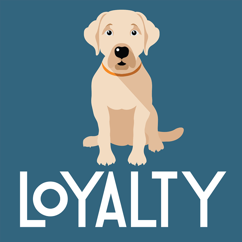 Blue background with dog icon and word Loyalty below