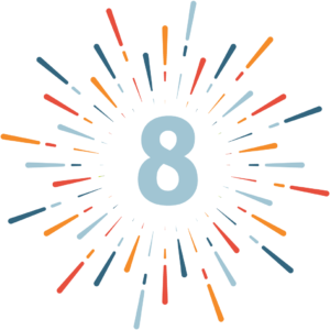 Propel Marketing 2019 Resolution Countdown - Number 8 with blue, orange, and red line bursts coming outward