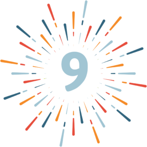 Propel Marketing 2019 Resolution Countdown - Number 9 with blue, orange, and red line bursts coming outward
