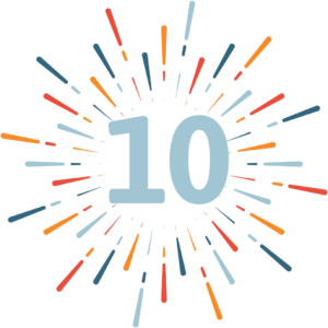 Propel Marketing 2019 Resolution Countdown - Number 10 with blue, orange, and red line bursts coming outward